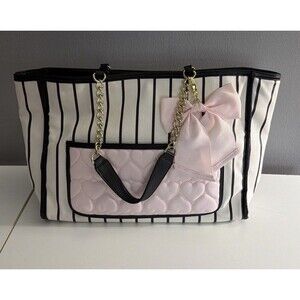 Betsey Johnson White/Black Stripe W/ Pink Quilted Hearts/Bow large Tote Bag
